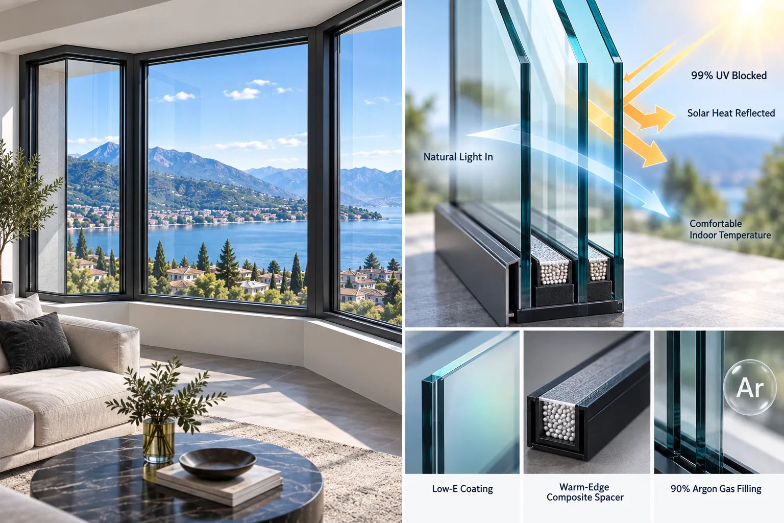 Argon filled Low-E insulated glass unit detail for bow windows