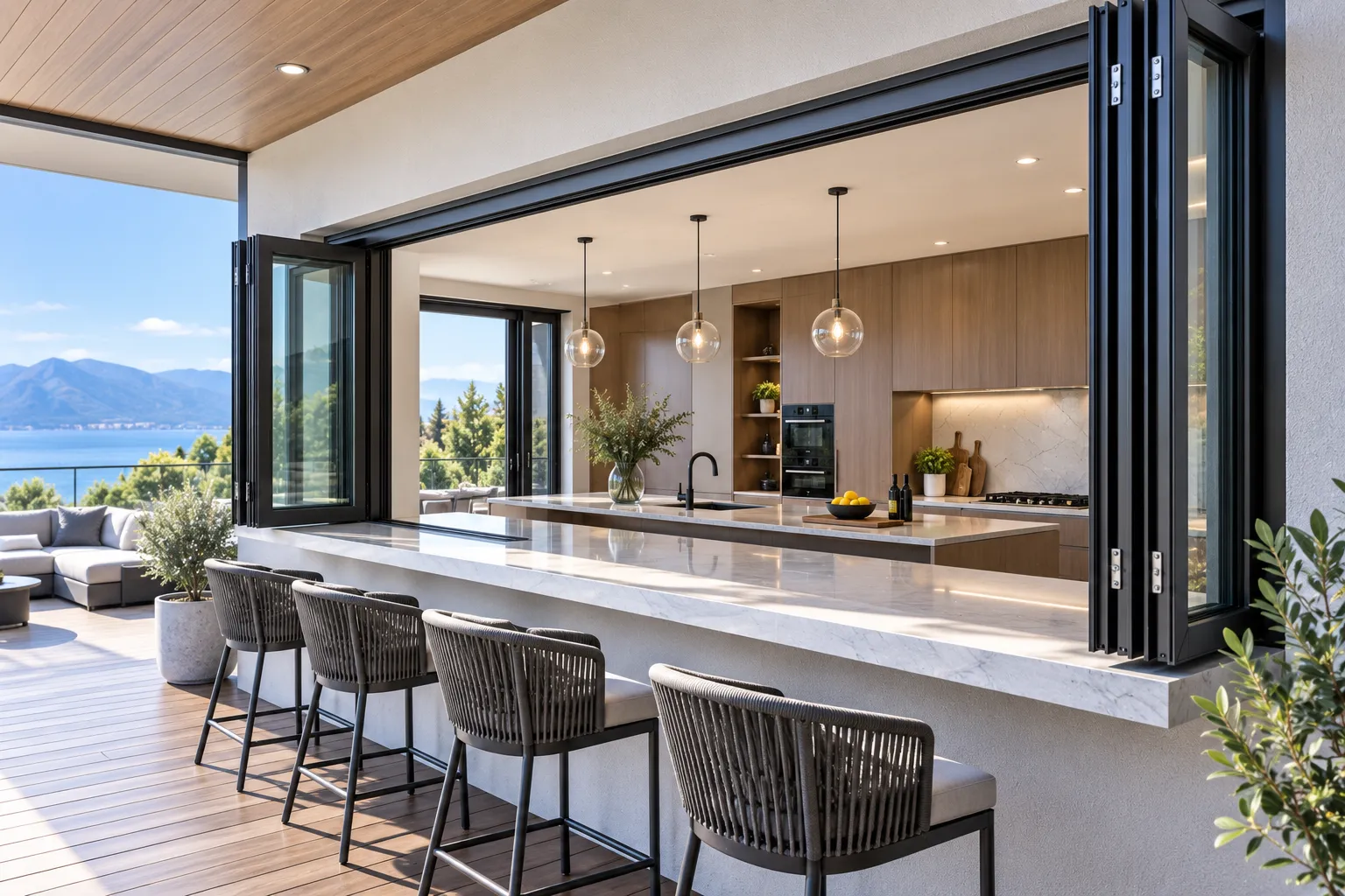 Residential kitchen bi fold window system opening onto an outdoor entertaining patio