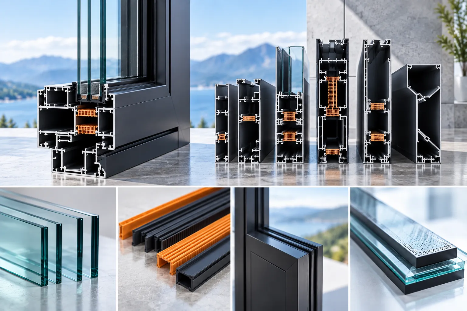 Structural profile engineering and glass cross section for thermal break aluminum picture windows