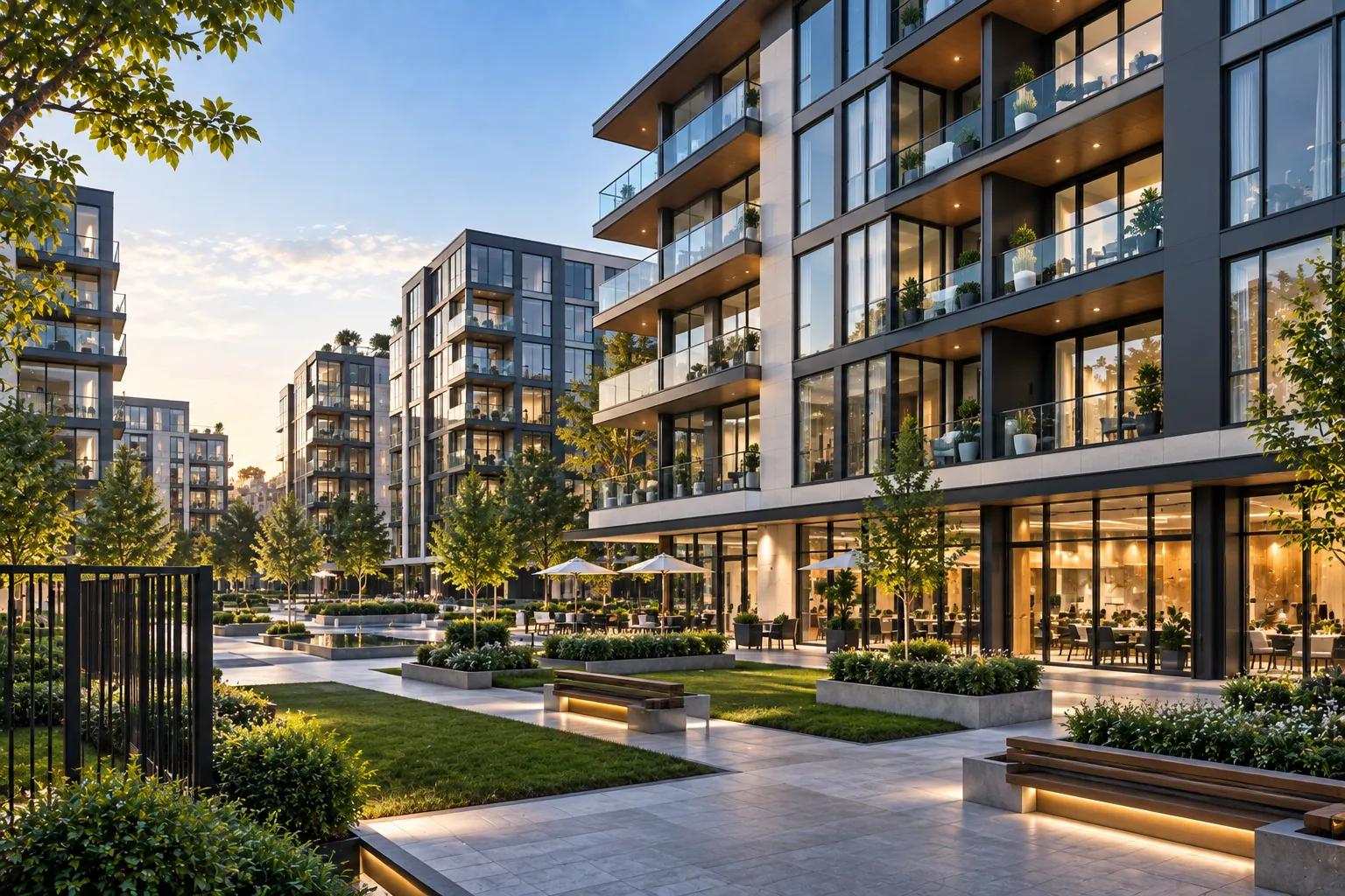 Multi-family residential complex equipped with standardized aluminum tilt-turn windows and balcony guardrails