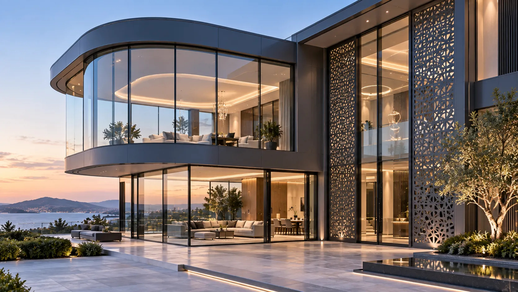 Custom architectural curved aluminum window system and post-free corner folding door