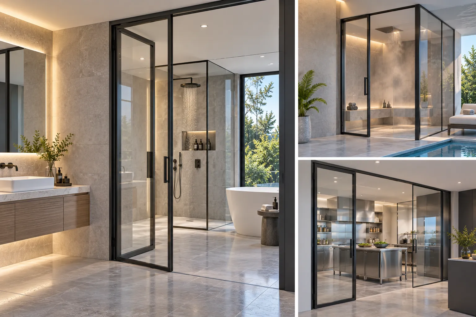 Moisture resistant aluminum interior doors with frosted glass in an ensuite bathroom