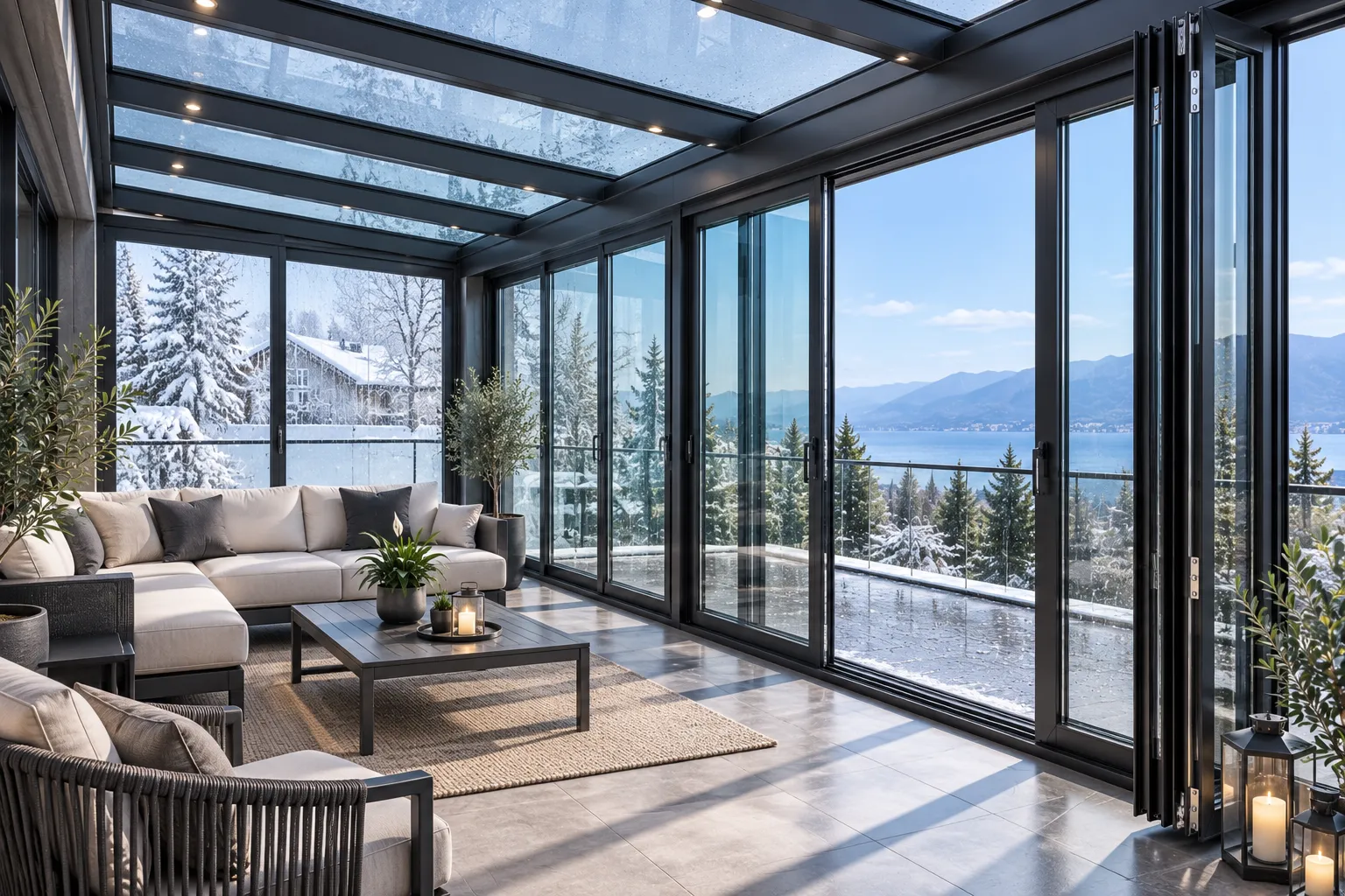 Balcony enclosure equipped with thermal break folding exterior windows