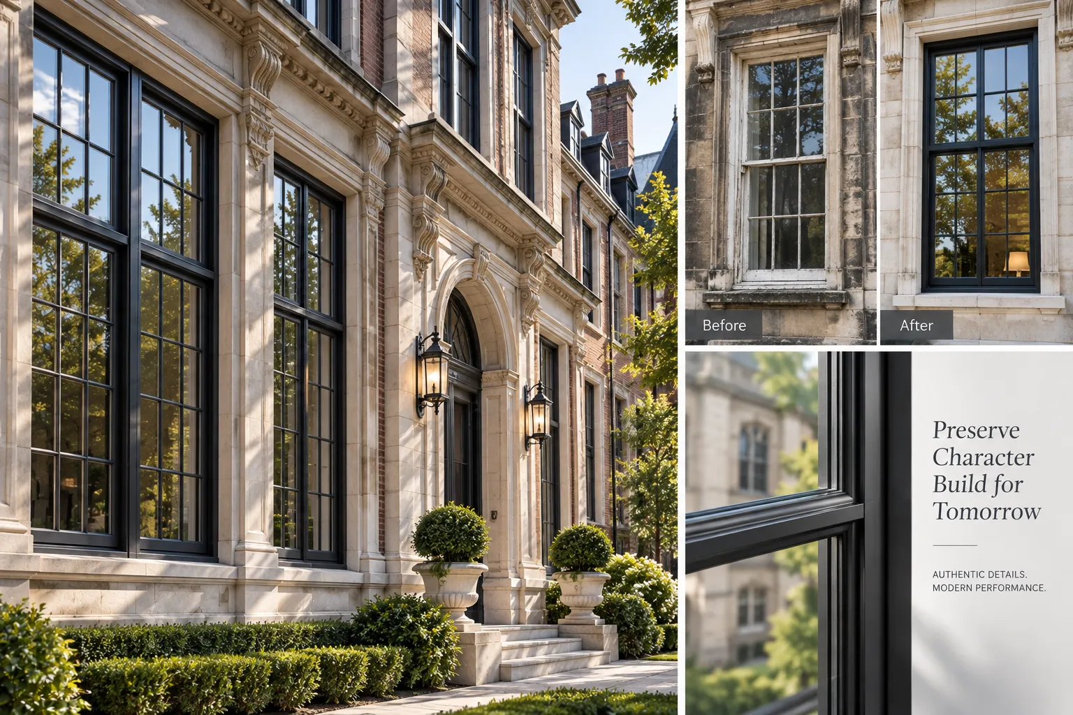 Historic renovation featuring custom aluminum double hung windows with simulated divided lites