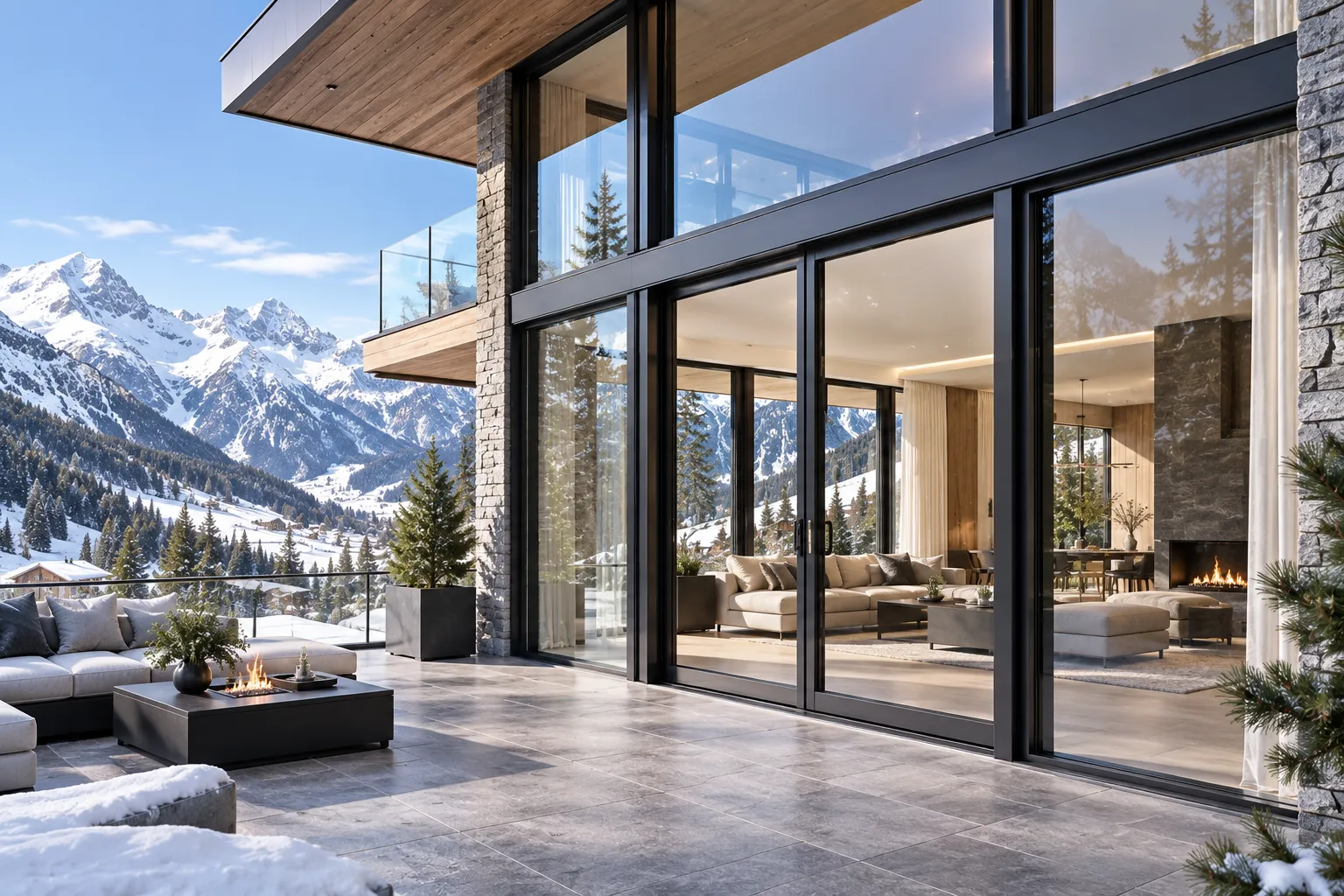 Thermal break French doors on high-altitude alpine terrace