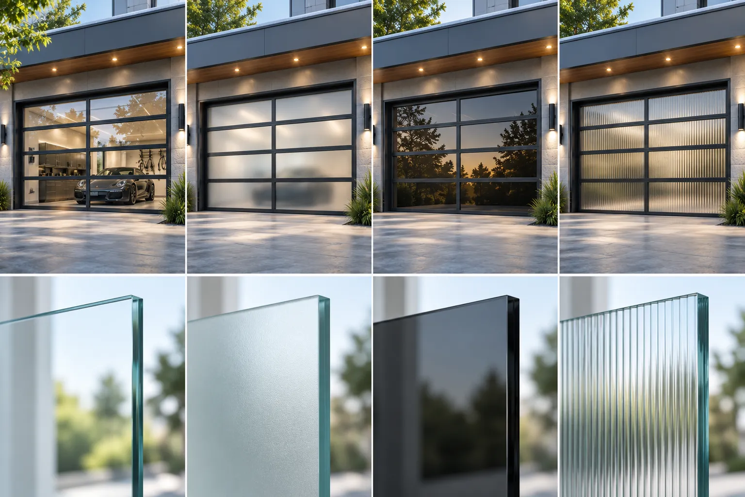 Modern architectural garage door with custom glass and finish