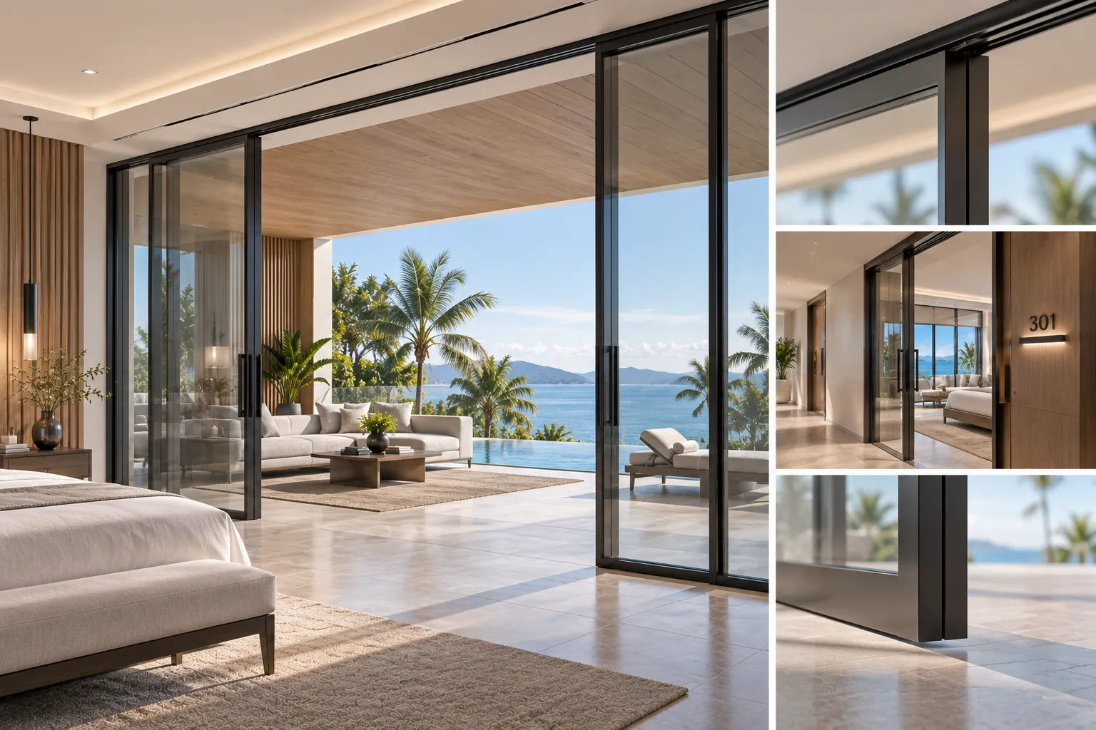 Zero-threshold top-hung hotel door systems in a boutique hospitality guest room