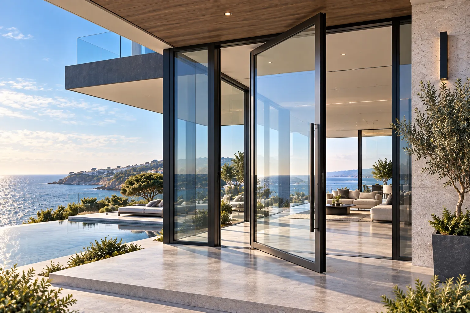 Modern coastal estate featuring custom oversized exterior glass pivot doors