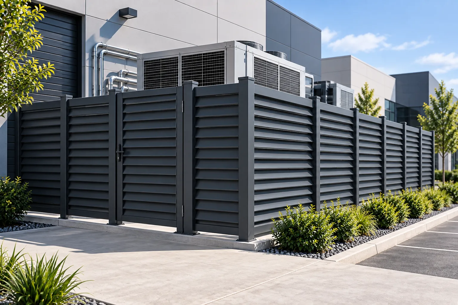 Commercial grade aluminum utility screening around mechanical chillers and electrical equipment