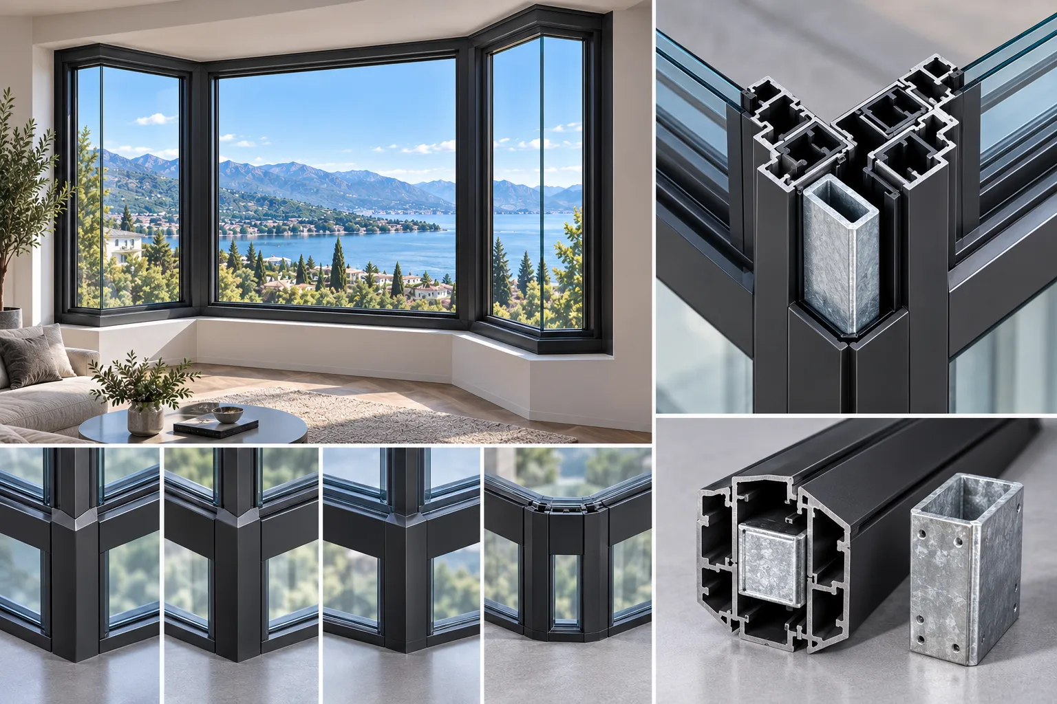 Heavy duty structural corner mullion cross section for projecting bay windows