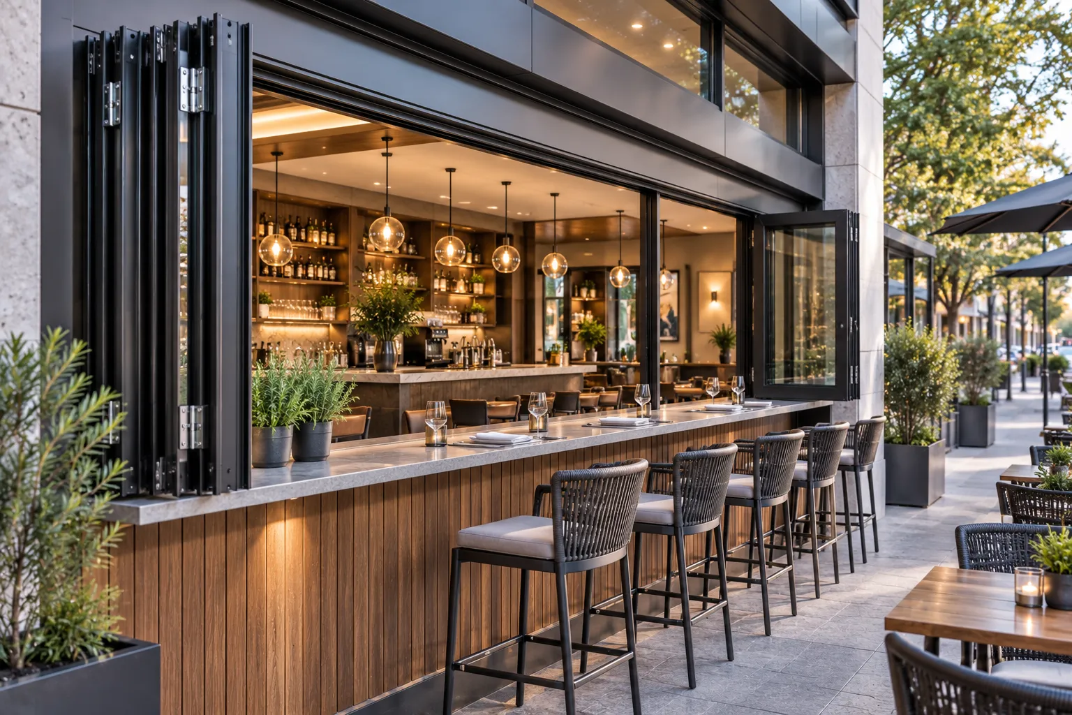 Commercial restaurant bar pass-through bi fold windows opening to sidewalk cafe