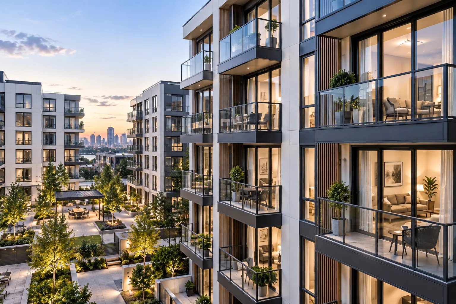 Modern multifamily residential building installed with custom single hung aluminum windows