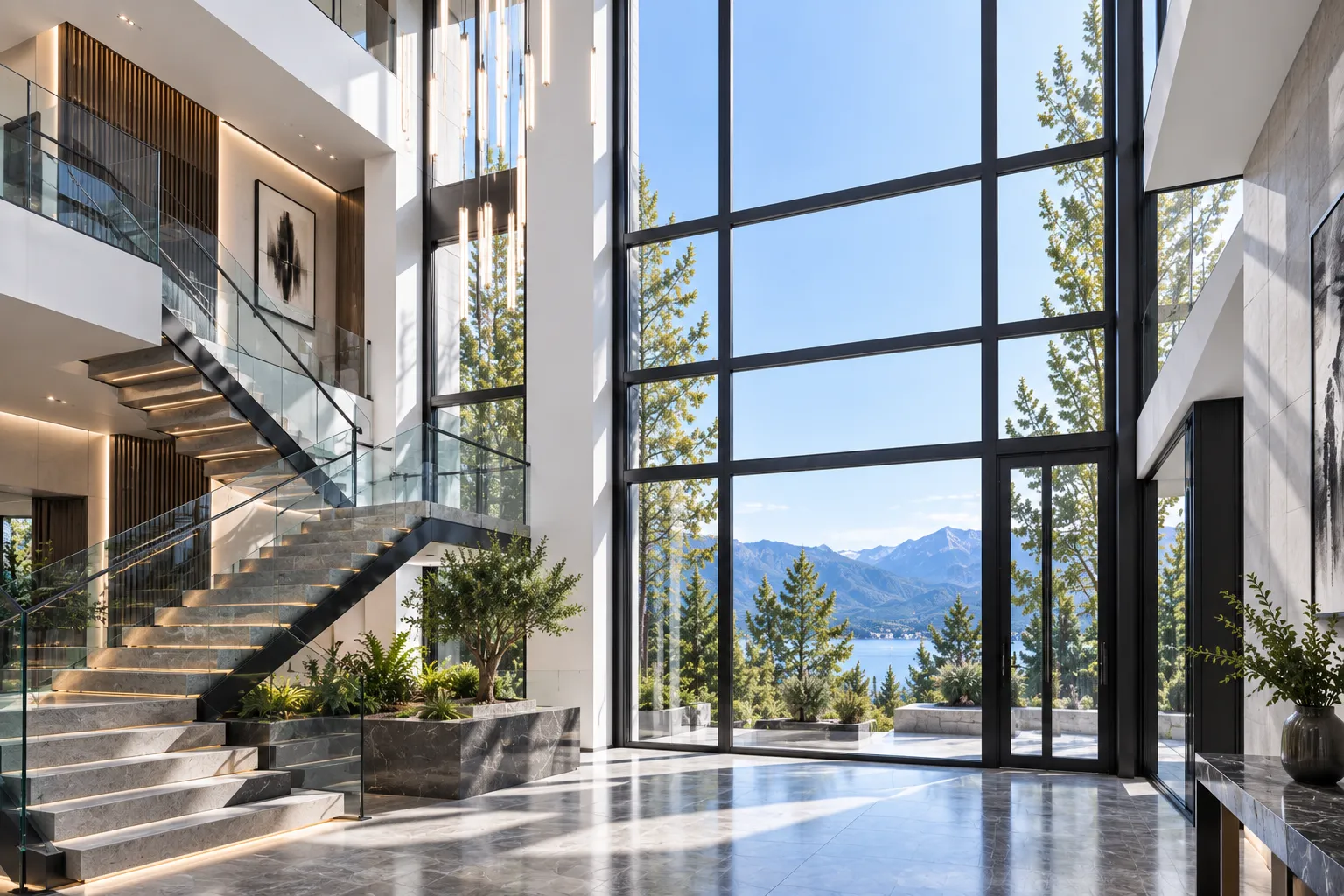 Double-height architectural stairwell with vertical structural aluminum fixed window wall daylighting
