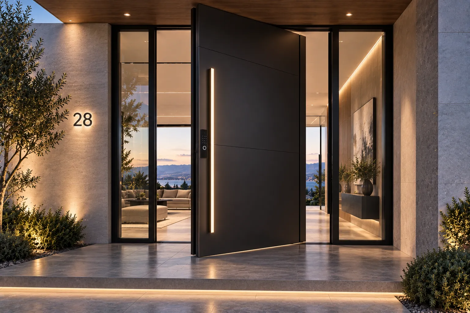 Minimalist private residence with custom matte black solid aluminum pivot door