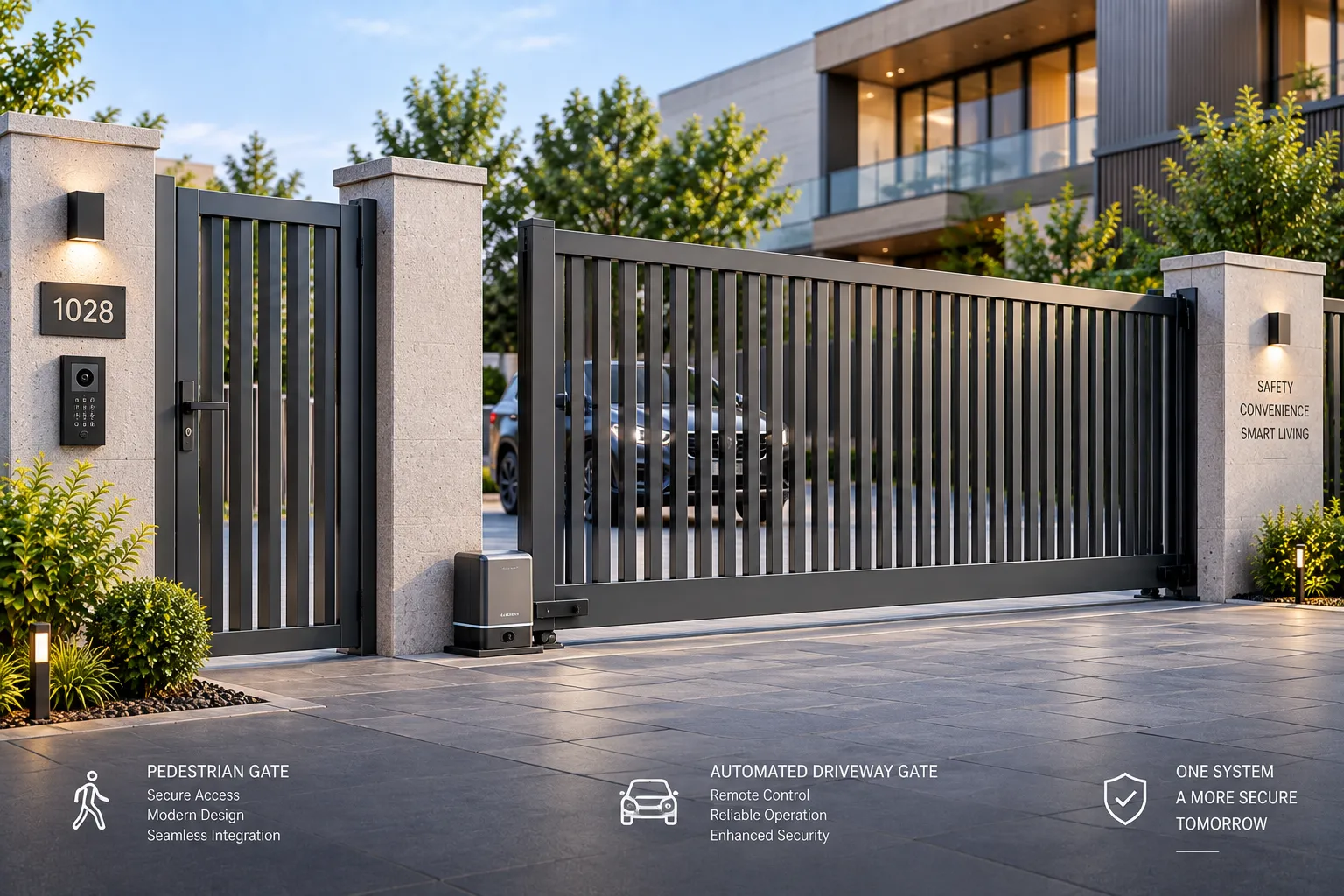 Architectural Infill Panels Integrated with Automated Driveway and Pedestrian Gates