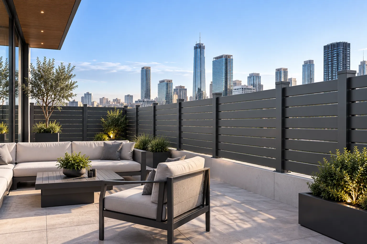 Rooftop terrace aluminum privacy screen engineered for high wind velocity