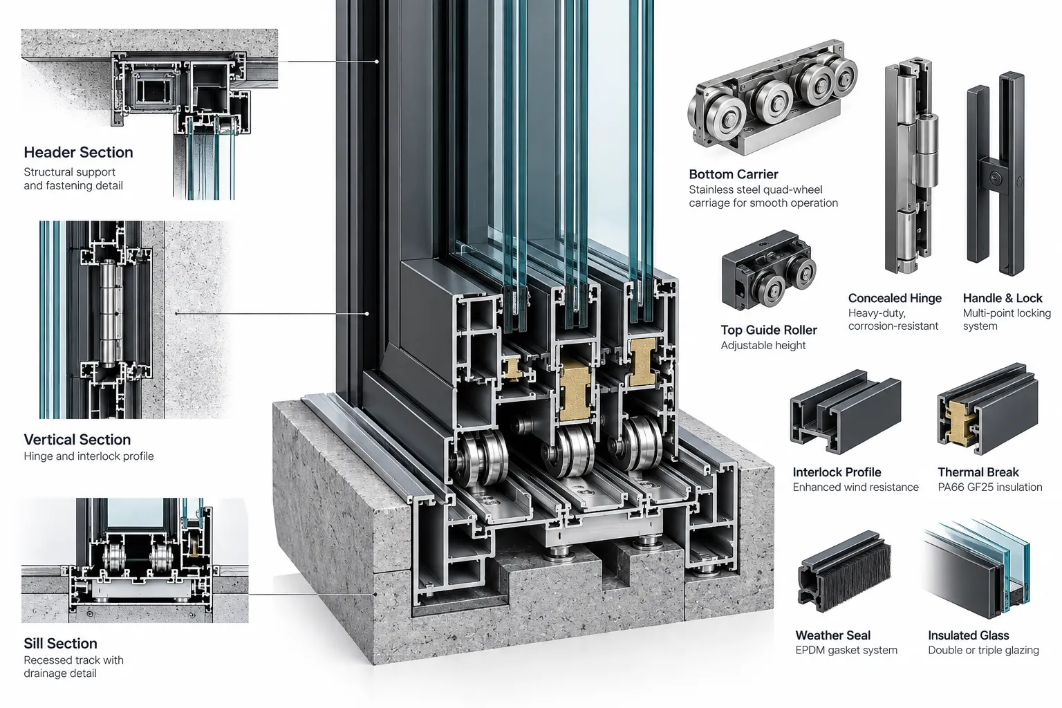 Cross-sectional engineering diagram of Orient Juko Metal Art thermal break bi fold window profile and hardware