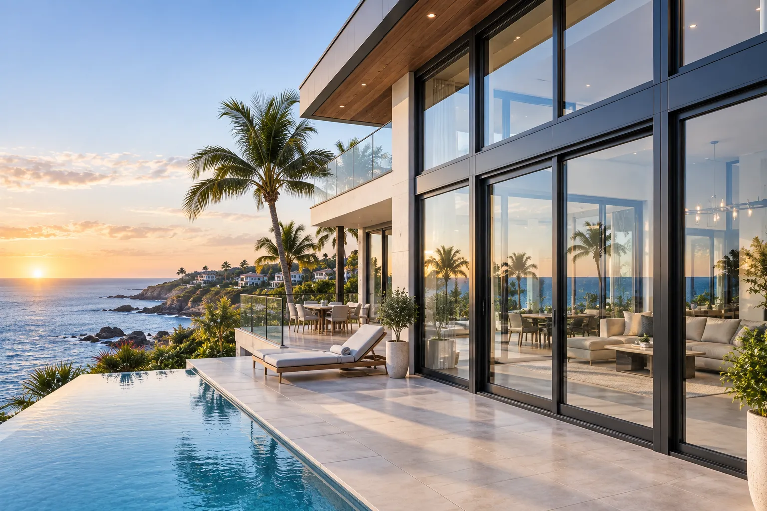 Coastal oceanfront residence engineered with impact-resistant aluminum hung windows