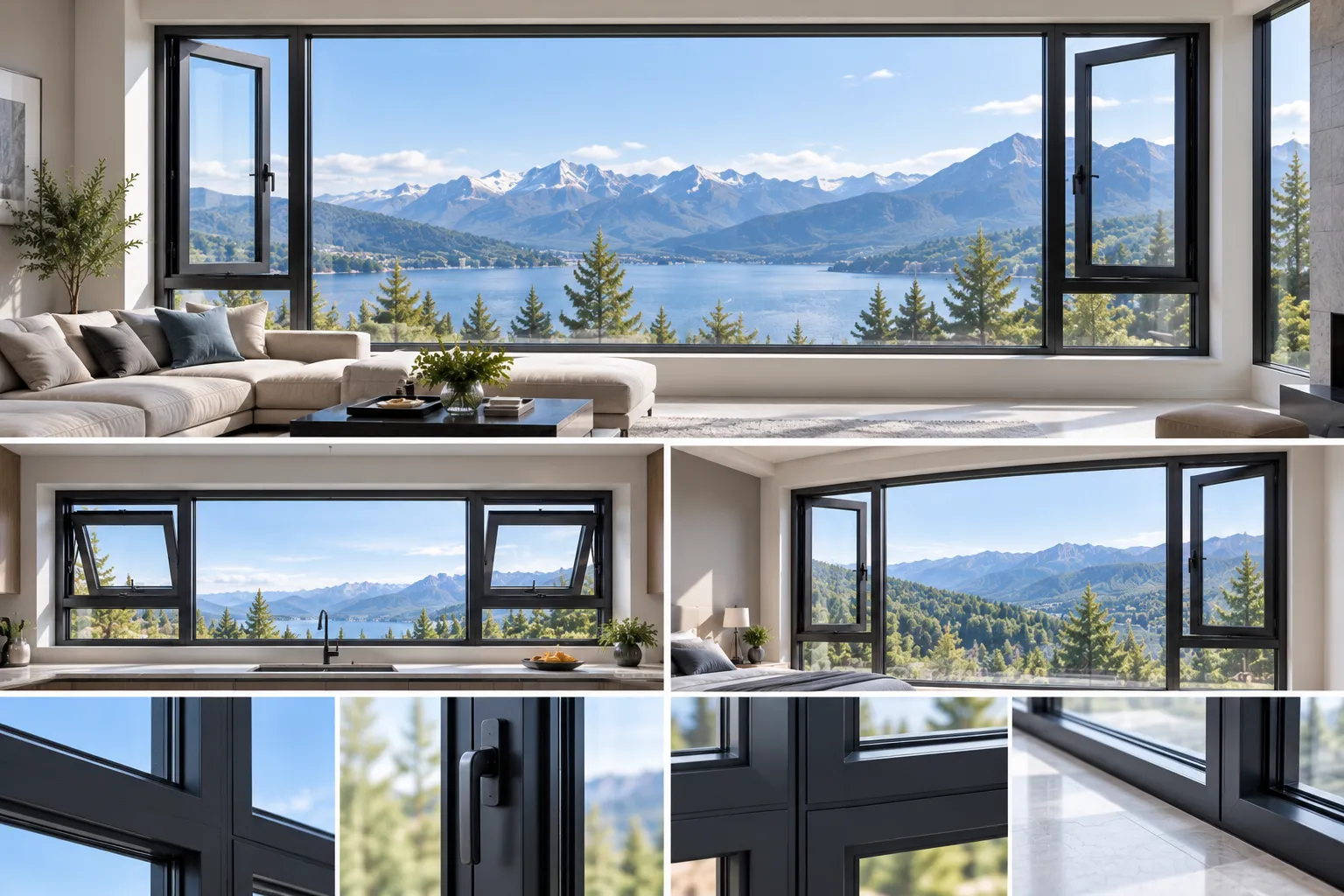 Hybrid picture window combination system flanked by operable aluminum casement windows