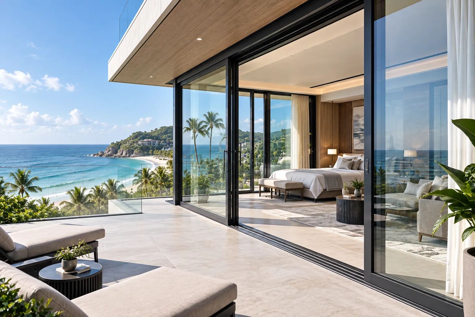 Coastal luxury hotel featuring heavy-duty commercial lift-and-slide aluminum patio doors