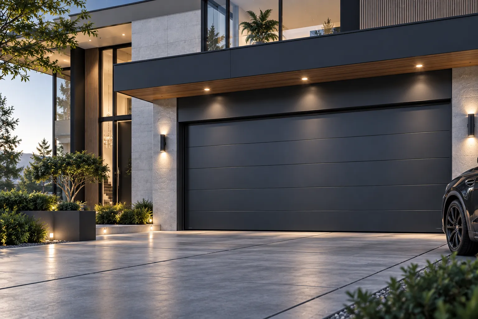 Luxury residential modern aluminum garage door installed on a contemporary multi-car villa garage
